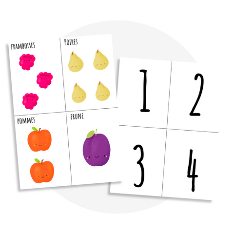 Activité éducative à imprimer : fiches d’association des chiffres avec les fruits et légumes pour apprendre à compter en s’amusant