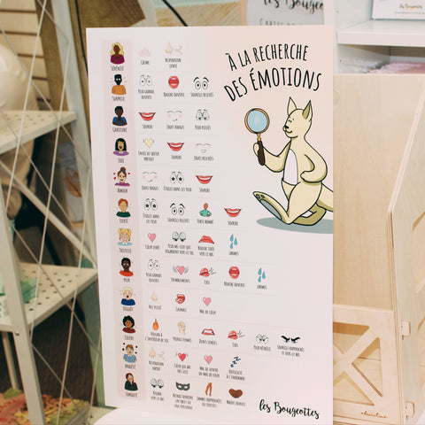 Affiche des émotions (surprise, peur, colère, tristesse) avec leur aspects physiologiques déposée sur une table.