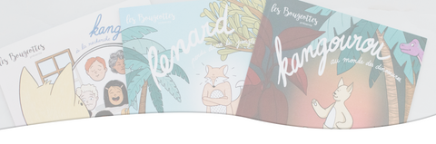 Bannière présentant trois livres interactifs Les Bougeottes pour faire bouger les jeunes : émotions, jungle et dinosaures.