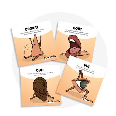 Carte d’exercice de yoga pour enfant, d'étirement et de respiration en lien avec les sens.