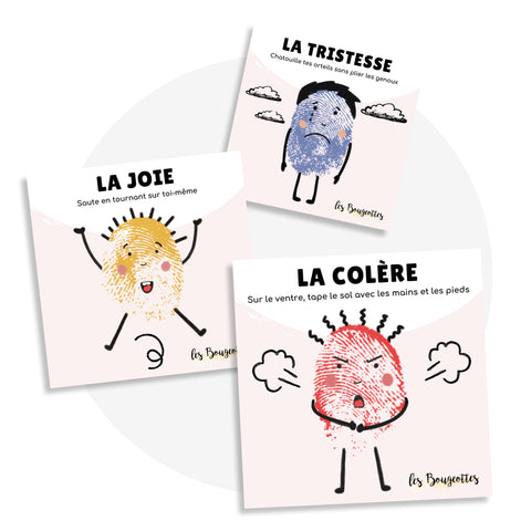 Cartes d’apprentissage émotions (tristesse, joie, colère) dès 2 ans pour pauses actives.