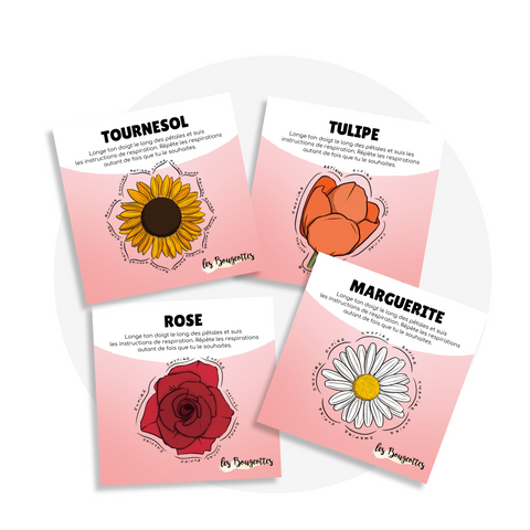 Carte d’exercice de respiration en longeant le doigt pour les enfants, thème floral illustré.