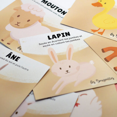 Cartes d’apprentissage animaux de la ferme (lapin, mouton, âne) dès 18 mois pour pauses actives.