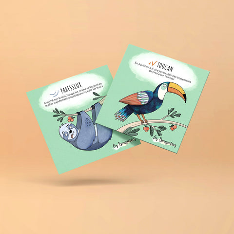 Cartes d’apprentissage actives jungle (toucan, paresseux) pour pauses actives dès 2 ans.