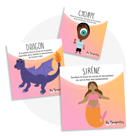 Cartes d’apprentissage créatures fantastiques bilingues (cyclope, dragon, sirène) dès 2 ans pour pauses actives.