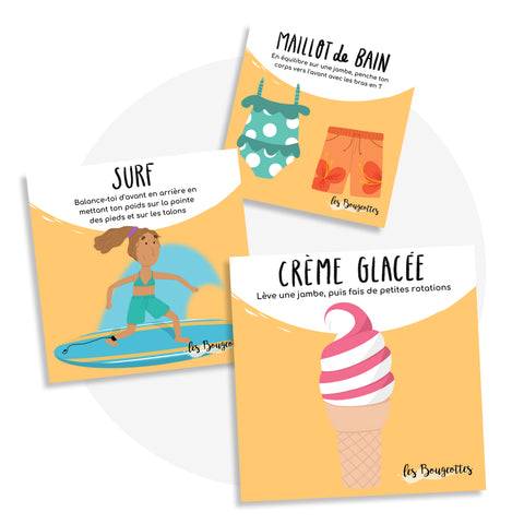 Cartes d’apprentissage actives été (maillot de bain, surf, crème glacée) dès 4 ans pour pauses actives d’équilibre.