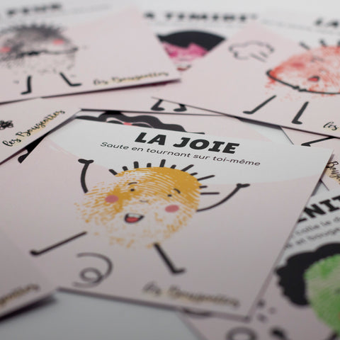 Cartes d’apprentissage actives émotions (joie, colère, peur) pour pauses actives dès 2 ans.