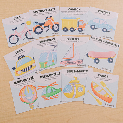 Cartes d’apprentissage actives moyens de transport, activités ludiques pour faire des pauses actives et stimuler le langage.