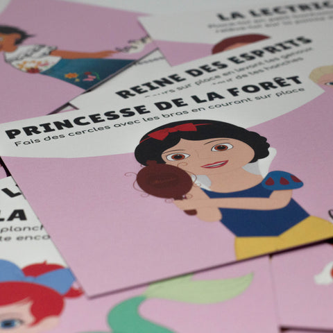 Cartes d’apprentissage bilingues thème princesses (Blanche Neige, Ariel, Belle) pour pauses actives et stimulation du langage dès 4 ans.