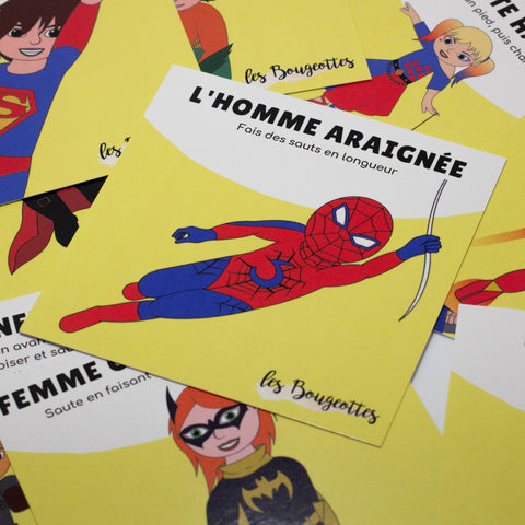 Cartes d’apprentissage actives thème super-héros pour des mouvements de sauts uniquement dès 4 ans.