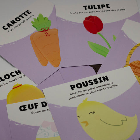 Cartes d’apprentissage actives pâques (poussin, tulipe, carotte) dès 4 ans pour pauses actives avec sauts.