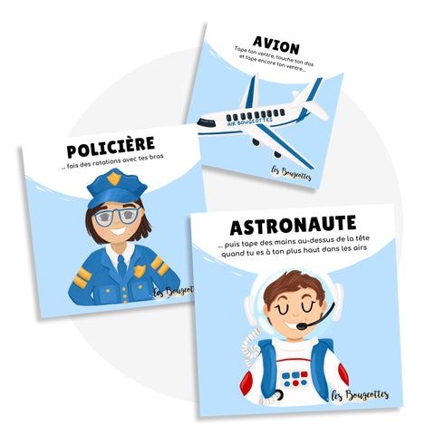 Cartes d’apprentissage actives véhicules de métier (policière, avion, astronaute) dès 4 ans pour pauses actives.