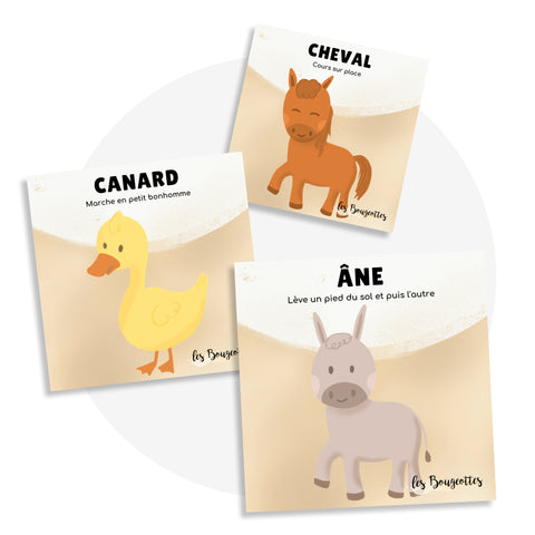 Cartes d’apprentissage animaux de la ferme (cheval, canard, âne) dès 18 mois pour pauses actives.