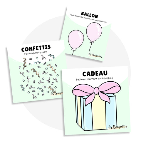 Cartes d’apprentissage bilingues anniversaire (ballon, confettis, cadeau) dès 18 mois pour pauses actives.