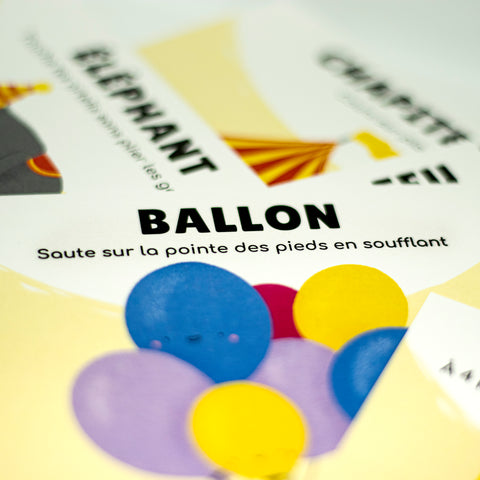 Cartes d’apprentissage carnaval bilingues (ballon, éléphant) dès 2 ans pour pauses actives.