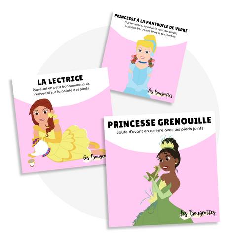 Cartes d’apprentissage bilingues thème princesses (Belle, Cendrillon, Tiana) pour pauses actives et stimulation du langage dès 4 ans.