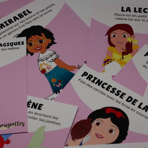 Cartes d’apprentissage bilingues thème princesses (Blanche Neige, Mirabel, Belle) pour pauses actives et stimulation du langage dès 4 ans.