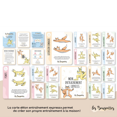 Affichage de toutes les cartes de musculation pour enfants qui permettront aux jeunes de 4 ans et plus d'explorer l'entraînement fonctionnel de façon autonome ou accompagnée.