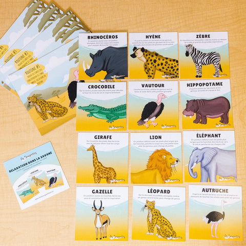 Jeu de cartes sur le thème des animaux de la savane pour créer des rourtines de yoga, d'étirement et de respiration pour enfant.