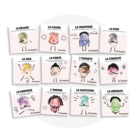 Collection de cartes d'apprentissage émotions avec des mouvements pour travailler la motricité globale (tristesse, colère, peur, timidité)