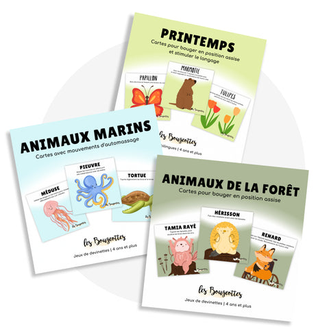 Cartes d'apprentissage actives sur le thème du printemps, des animaux de la forêts et des animaux marins pour faire des pauses actives en restant en position assise.