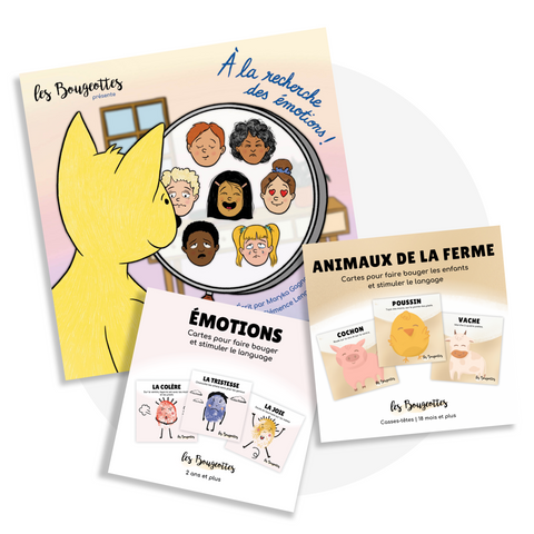 Ensemble parfait pour les éducatrices contenant des cartes d'apprentissage actives des animaux de la ferme et un livre interactif sur les émotions pour faire bouger les enfants en petite enfance et stimuler le langage.