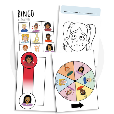 Activités à imprimer pour l’apprentissage et la gestion des émotions (peur, tristesse, colère, joie) incluant un jeu de bingo, une roue des émotions et une activité de préécriture