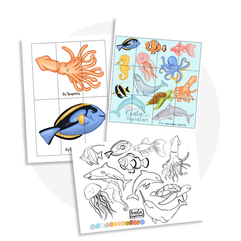 Ensemble d’activités à imprimer sur les animaux marins : casse-tête de 3 morceaux, casse-tête de 12 morceaux et coloriage éducatif
