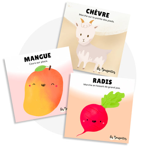Ensemble de cartes d'apprentissage actives pour stimuler le langage à travers le mouvement dès 18 mois et plus.