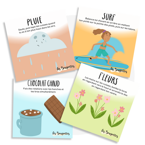 Cartes d’apprentissage actives hiver, printemps, été, automne, bilingues pour faire des pauses actives et stimuler le langage aux enfants dès 2 ans.