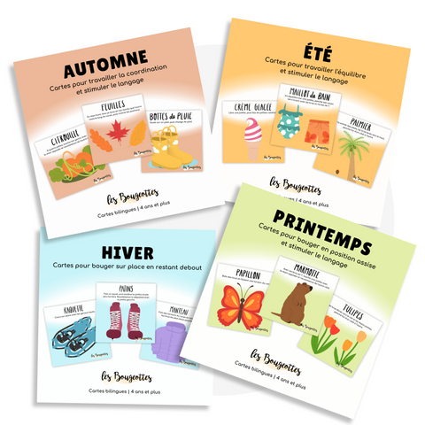 Ensemble de 48 cartes d’apprentissage actives hiver, printemps, été, automne, bilingues pour faire des pauses actives et stimuler le langage aux enfants dès 2 ans.
