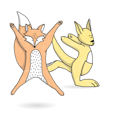 Mascottes de Les Bougeottes Renard et Kangourou en position de gymnastique