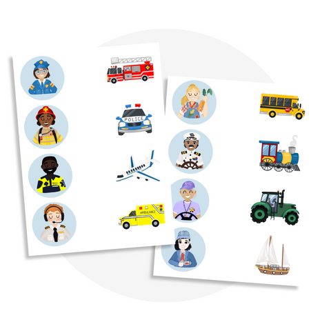 activité à imprimer d’association entre métiers et véhicules (pompier avec camion, policier avec voiture, pilote avec avion, agriculteur avec tracteur) pour stimuler l’apprentissage et la logique des enfants