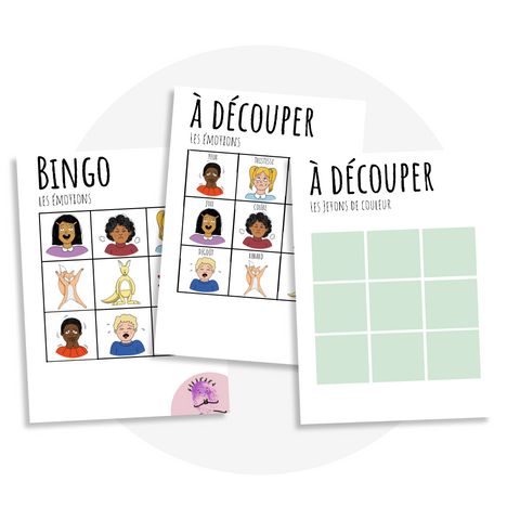 Jeu de bingo des émotions à imprimer avec fiches et jetons (colère, tristesse, peur) pour aider les enfants à apprendre et s’amuser