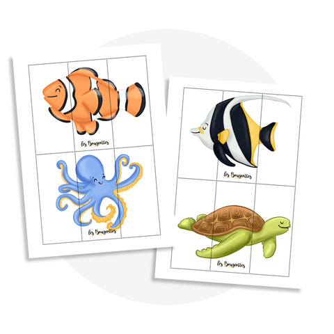 Activité à imprimer : casse-tête de 3 morceaux sur les animaux marins (poisson-clown, pieuvre, tortue, zancle cornu