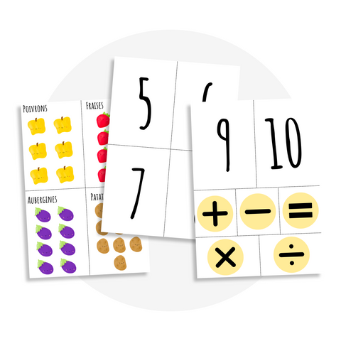 Activité éducative à imprimer : feuillets de chiffres, d’équations (+, −, ×, ÷) et d’illustrations de fruits et légumes pour apprendre les mathématiques de façon ludique