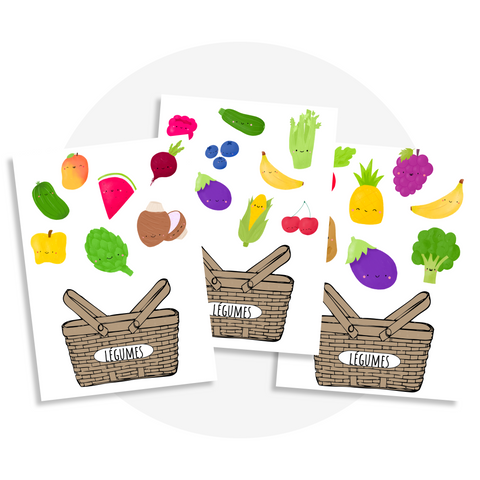 Activité à imprimer pour les enfants sur le thème de l'alimentation pensée pour développer la reconnaissance et le classement des aliments.