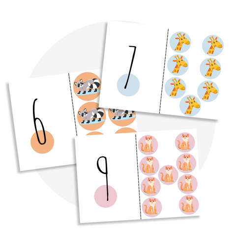 Activité à imprimer pour enfants jeu d’association des chiffres avec des animaux (ratons laveurs, girafes et chats) pour apprendre à compter en s’amusant