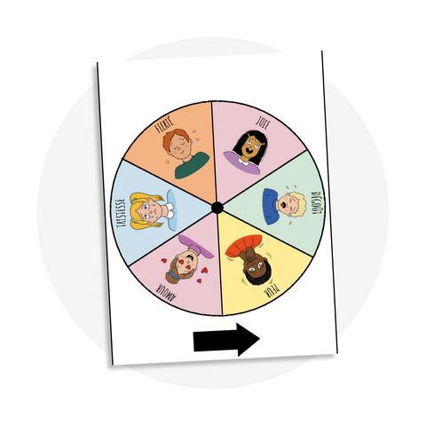 Activité éducative à imprimer : roue des émotions (joie, fierté, dégoût, peur, amour, tristesse) pour aider les enfants à reconnaître et comprendre leurs émotions en s’amusant