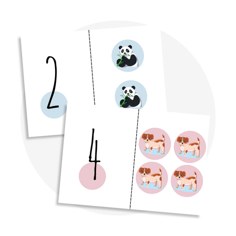 Activité à imprimer pour enfants jeu d’association des chiffres avec des animaux (panda, chien) pour apprendre à compter en s’amusant