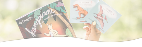 Bannière translucide permettant de voir des cartes d'apprentissage et le livre interactif dinosaure