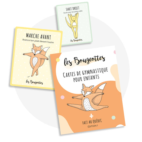 Cartes de gymnastique pour enfants dès 2 ans avec exercices au sol ou sur une poutre d’équilibre.