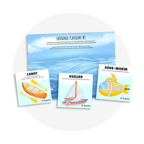 Cartes d’apprentissage actives thématiques moyens de transport (canot, voilier, sous-marin) pour des pauses actives sous forme d'un jeu d'association ou de catégorisation avec des fiches.