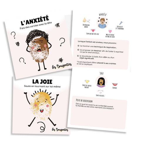 Cartes d’apprentissage actives thématiques émotions (anxiété, joie) pour des pauses actives incluant un les aspects physiologiques et les piste de solutions pour la gestion des émotions.
