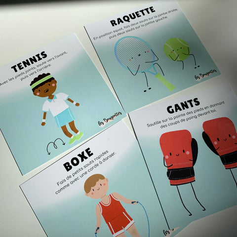 Cartes d’apprentissage actives thématiques Sports (tennis, raquette, boxe, gants) pour pauses actives ludiques et langage des enfants par le jeu.