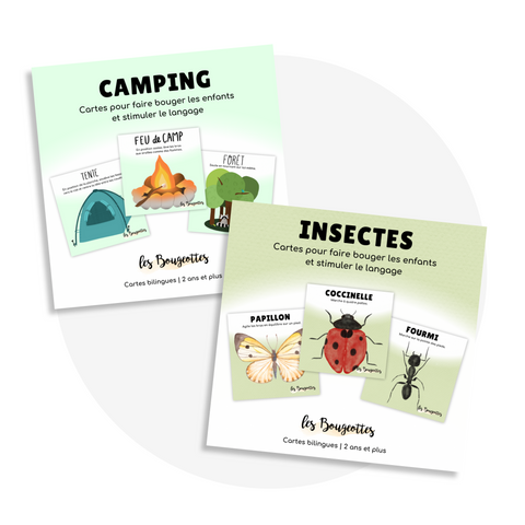 Cartes d'apprentissage actives sur les thèmes du camping et des insectes pour faire des pauses actives aux enfants de 2 ans et plus.