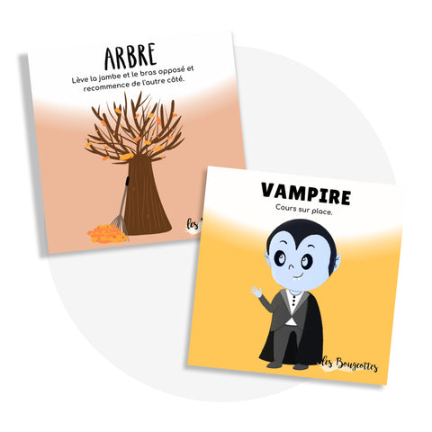 Cartes d'apprentissage actives thématique de l'automne (arbre) et de l'Halloween (vampire) pour faire des pauses actives.
