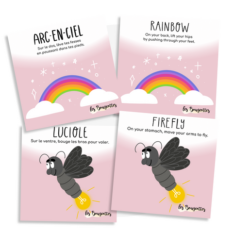 Cartes d'apprentissage bilingues thème forêt enchantée pour faire bouger les jeunes (arc-en-ciel, rainbow, luciole, firefly)