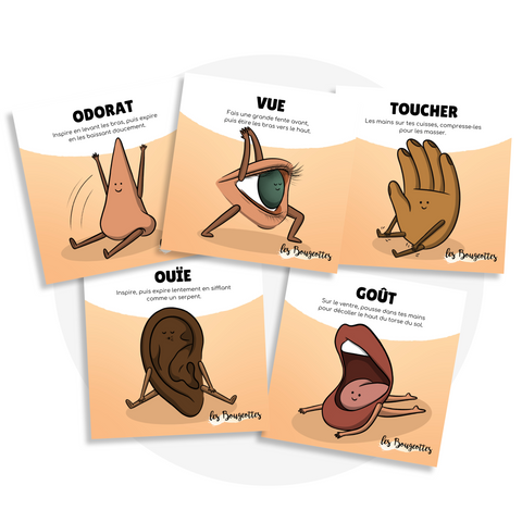 Collection de cartes d'apprentissage sur les sens en français (toucher, ouïe, odorat, goût, vue)