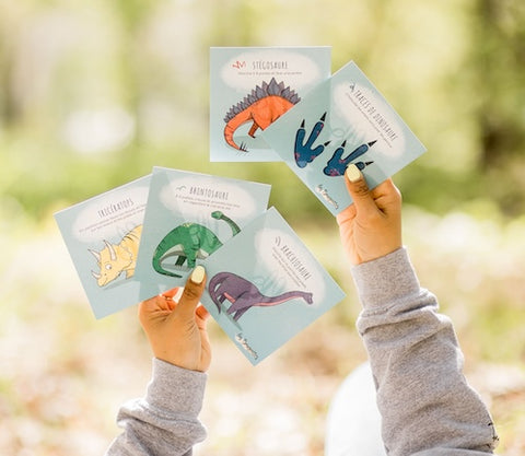 Des mains montrant des cartes d'apprentissage actives dinosaures (tricératops, stégosaure, brontosaure)